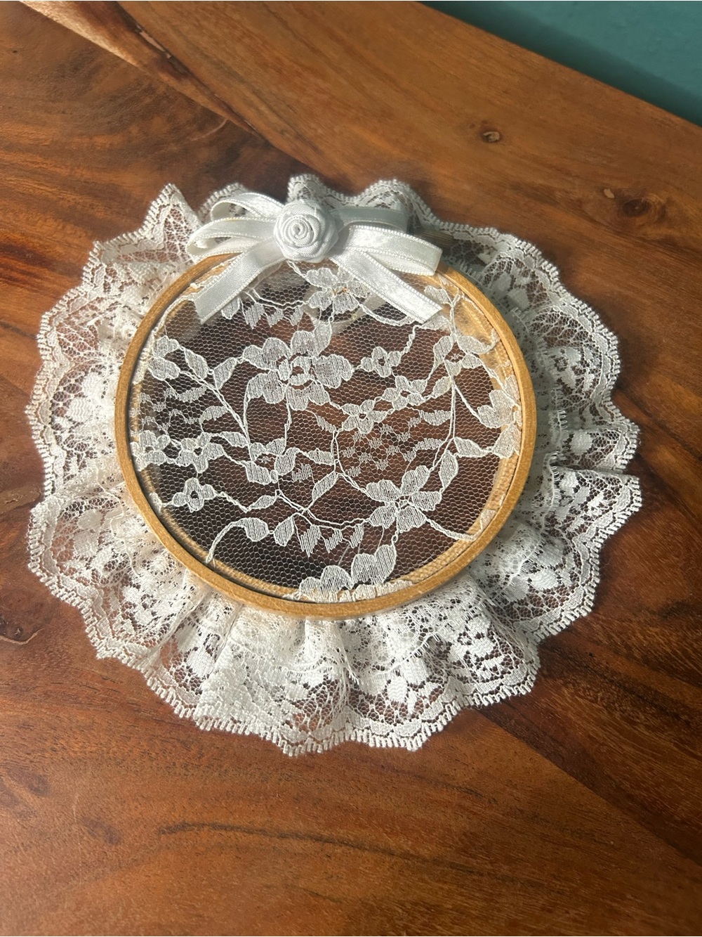 White Lace Embroidery Hoop Wall Accent with Ribbon Made in Taiwan